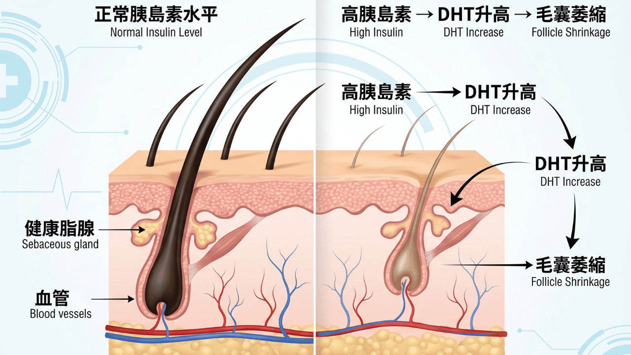 毛囊機制圖：正常胰島素水平 vs 高胰島素→DHT升高→毛囊萎縮