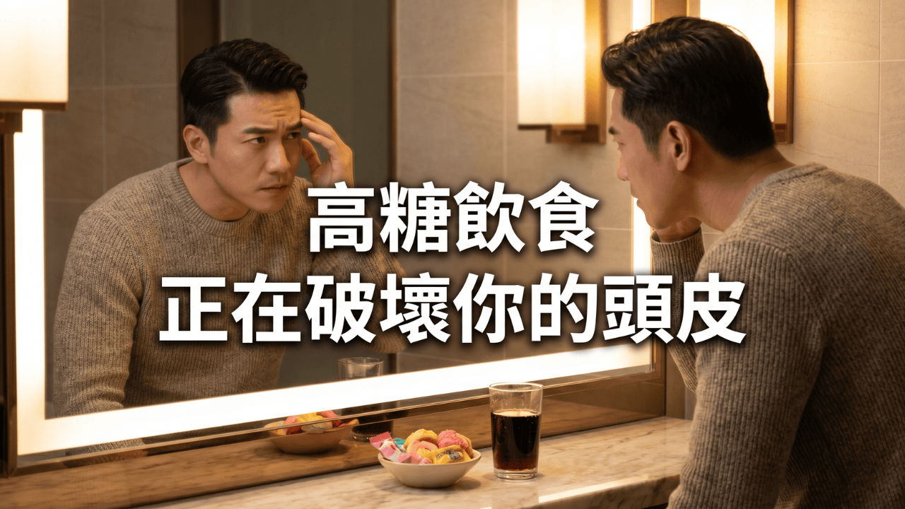 男士對鏡檢查髮線，背景有可樂和糖果