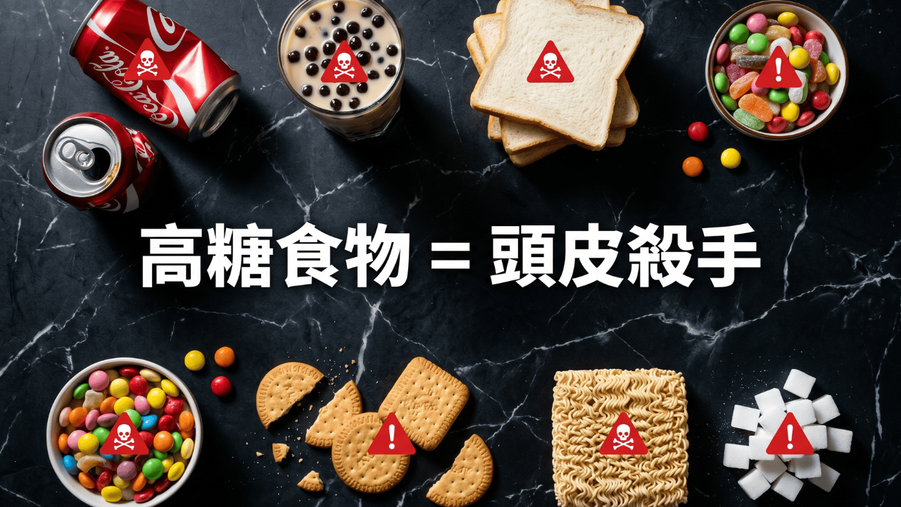 各種高糖食物：可樂、珍珠奶茶、白麵包、糖果、餅乾，標示「頭皮殺手」