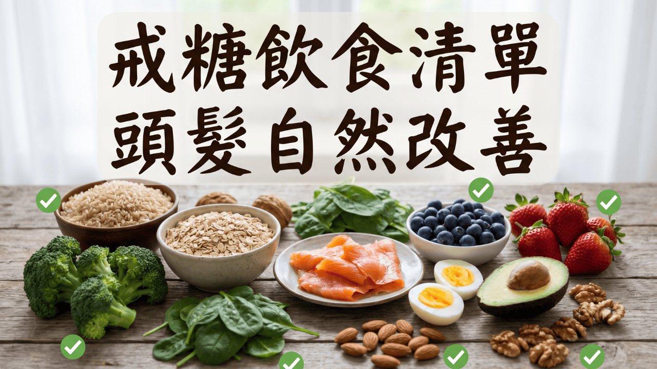 低升糖指數食物：糙米、燕麥、三文魚、藍莓、堅果，標示「戒糖飲食清單 頭髮自然改善」
