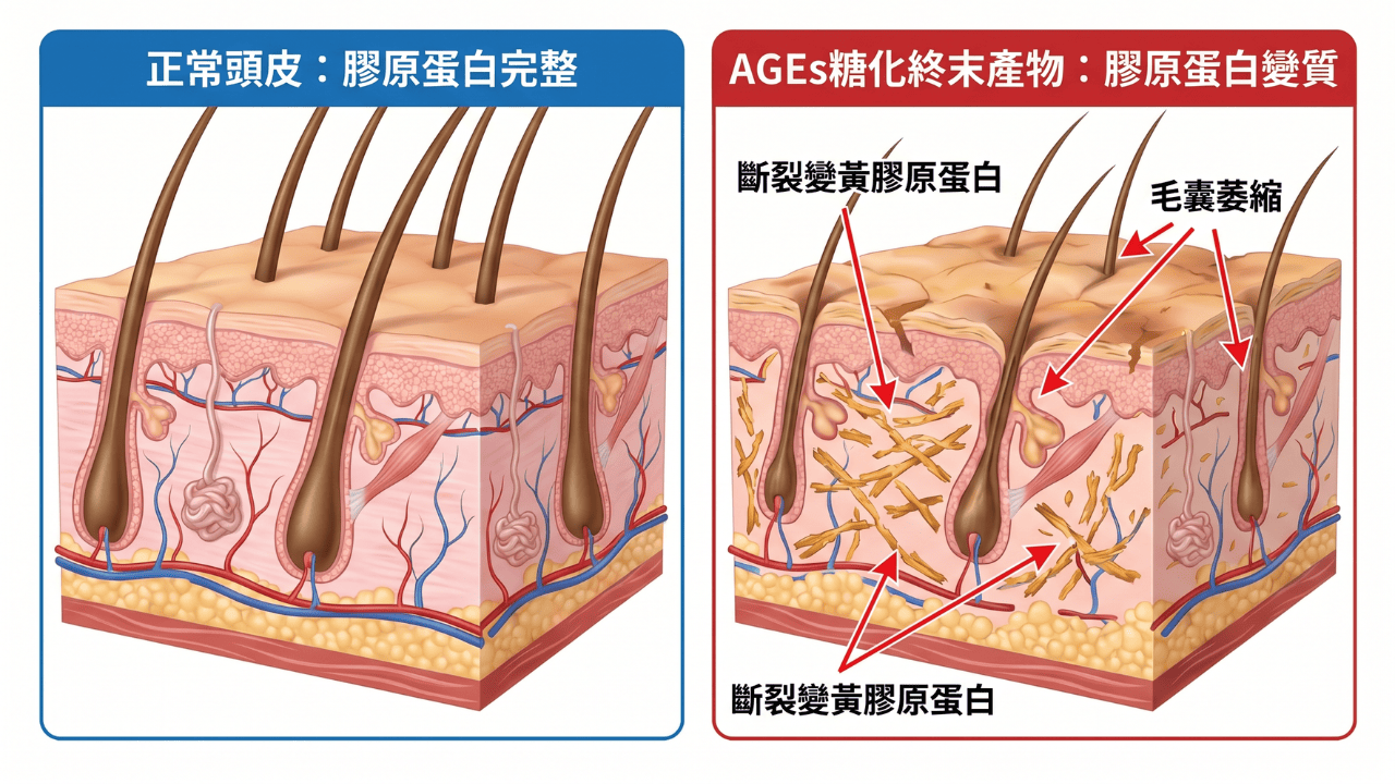 頭皮膠原蛋白對比：正常膠原褸 vs AGEs糖化後斷裂變黃