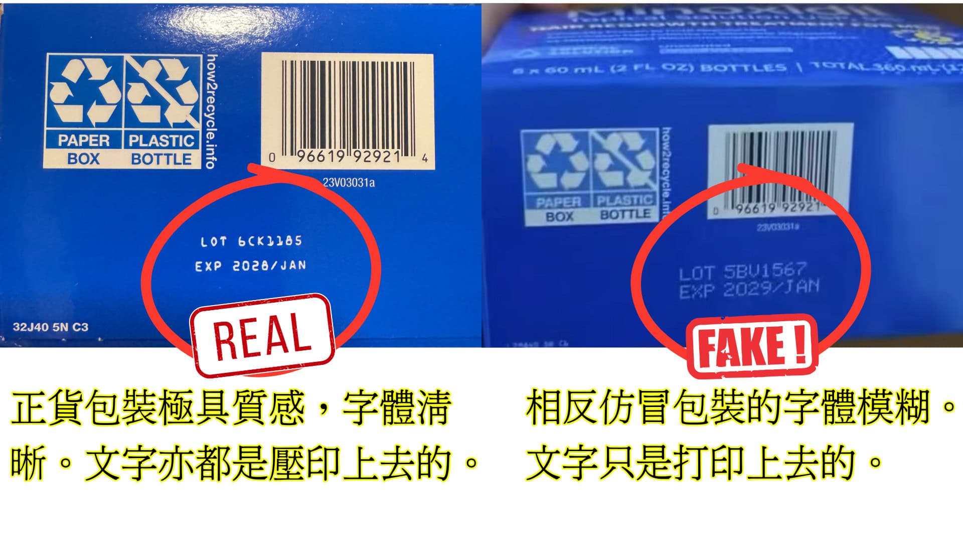 Kirkland Minoxidil 批號字體真假對比：正品雷射打印 vs 假貨印刷模糊